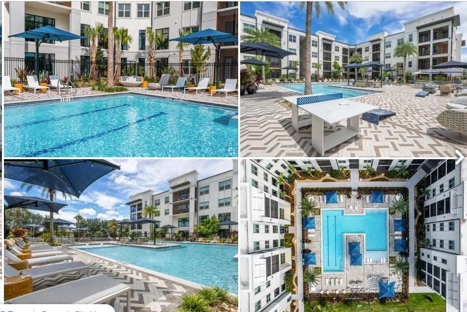 Collage of the apartment complex pool, sun terrace and courtyard